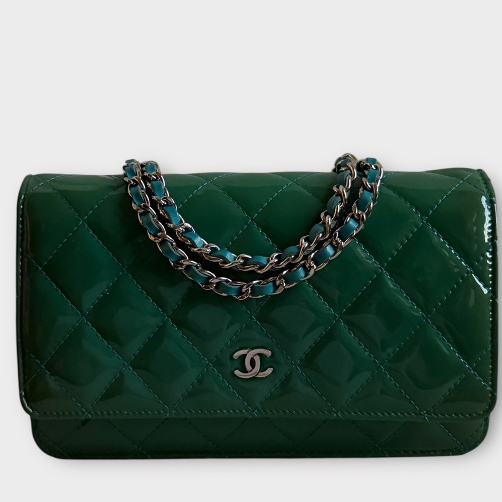 CHANEL patent leather wallet on chain